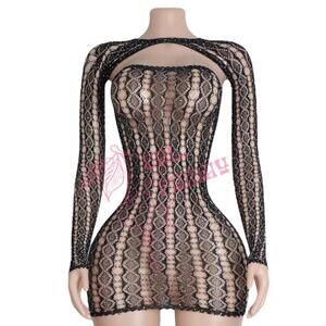 Black Lace Sheer Mesh Fishnet Mini Dress w Long Sleeve Shrug - EXOTIC DANCEWEAR